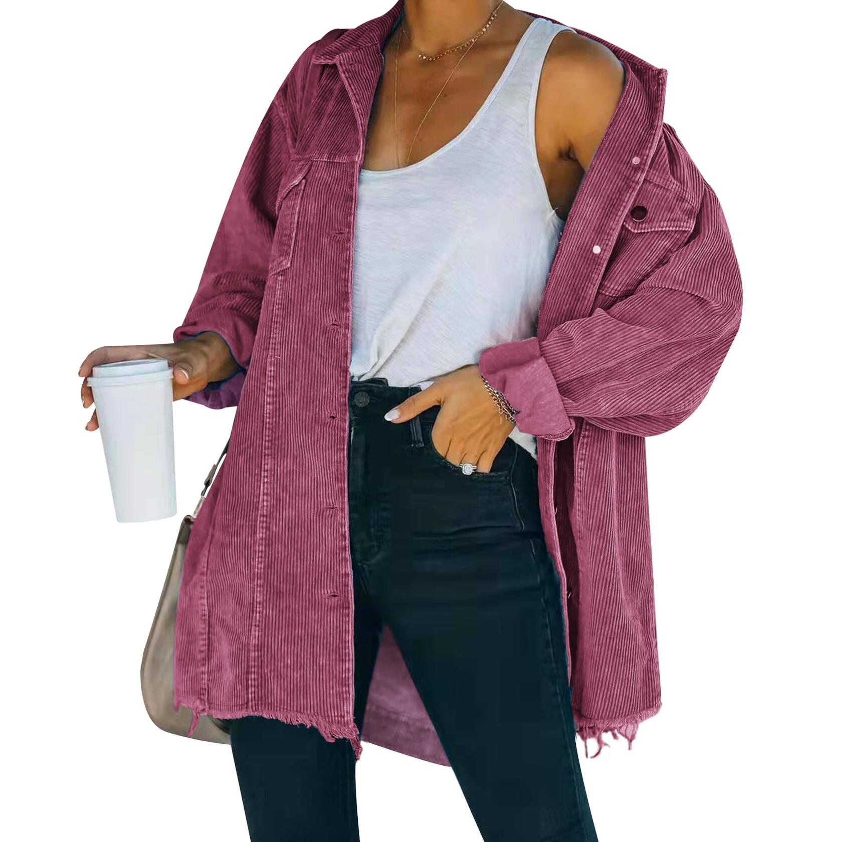 Hixiaohe Women's Corduroy Oversized Shirt Jacket Coat Light Wine Size S