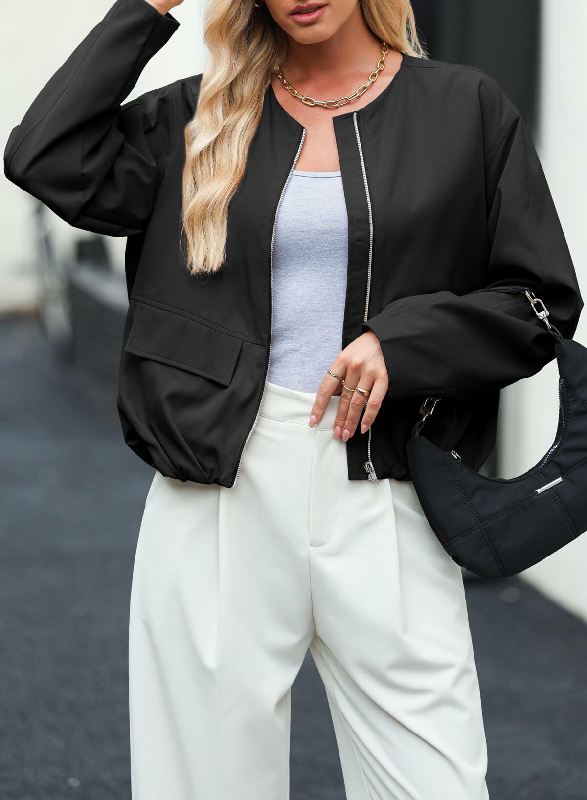 EVALESS Women's Bomber Jacket Lightweight Zip Up Black Size XXL