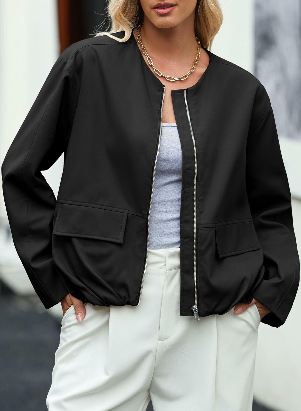 EVALESS Women's Bomber Jacket Lightweight Zip Up Black Size XXL