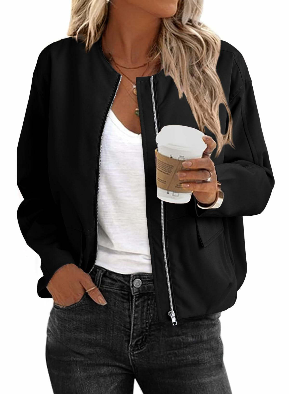 EVALESS Women's Bomber Jacket Lightweight Zip Up Black Size XXL