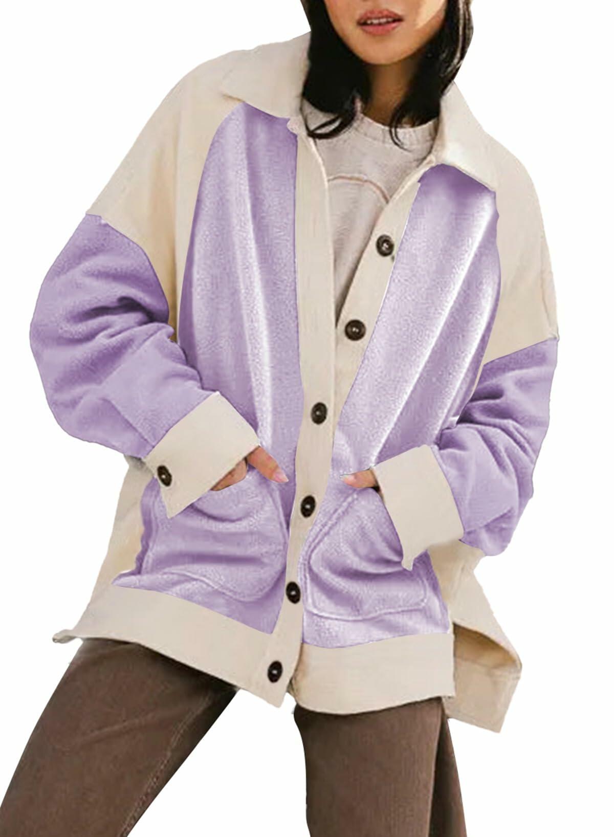 SHEWIN Women's Winter Sherpa Fleece Button Down Shacket Coat Orchid Petal Size S