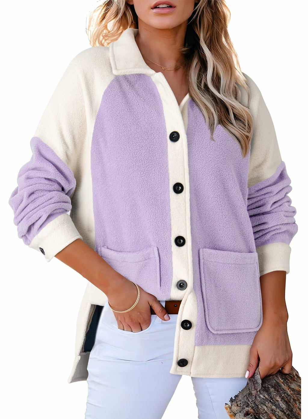 SHEWIN Women's Winter Sherpa Fleece Button Down Shacket Coat Orchid Petal Size S