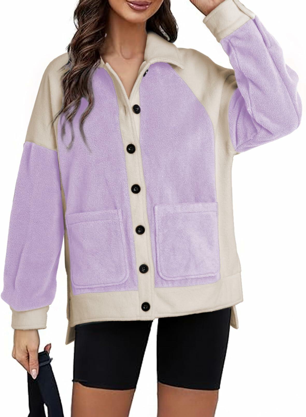 SHEWIN Women's Winter Sherpa Fleece Button Down Shacket Coat Orchid Petal Size S