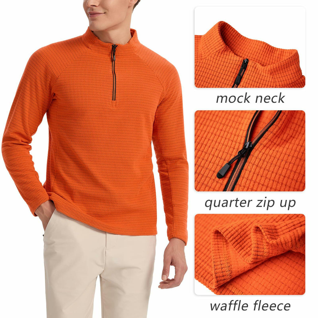 Men's Waffle Quarter Zip Pullover Classic Fleece Mock Neck Orange Size 3XL