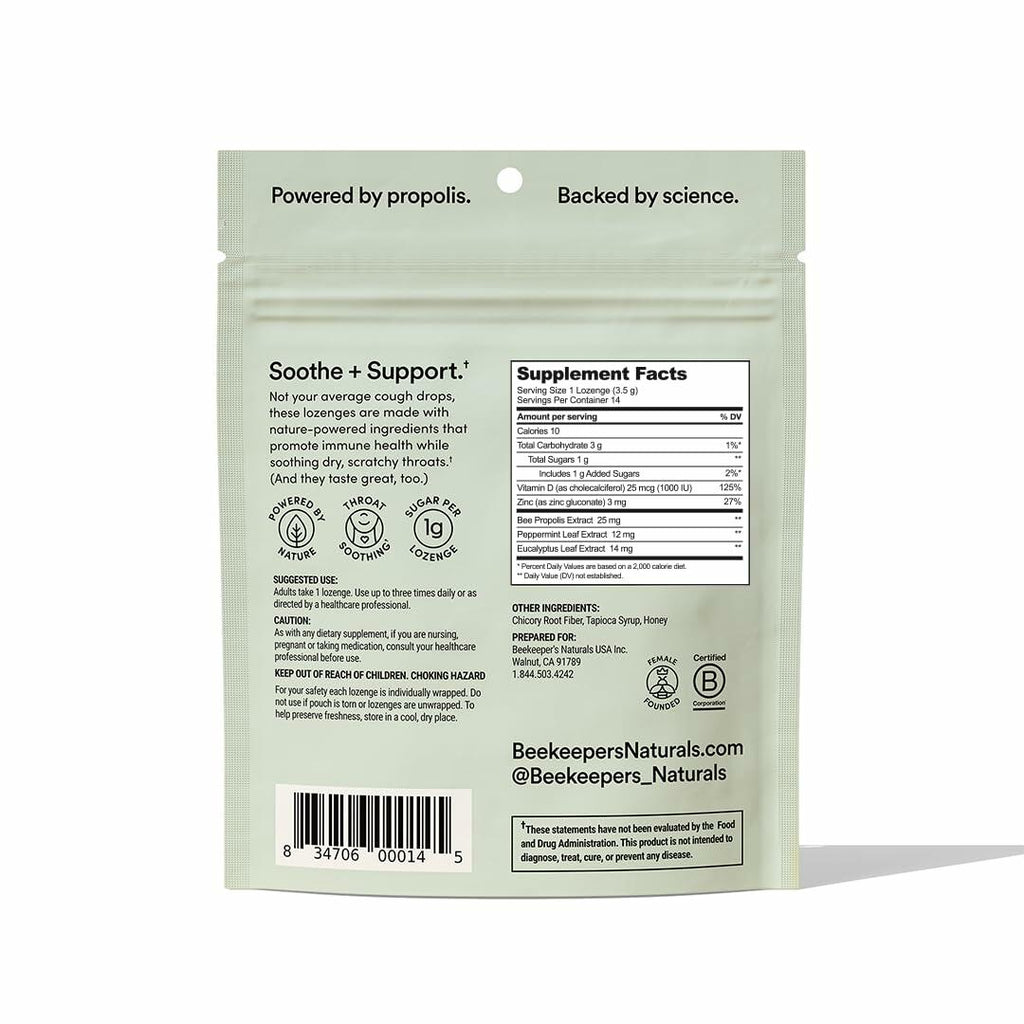 BestBy01/26 Beekeeper's Naturals Soothing Mint Eucalyptus Cough Drops 14 Ct