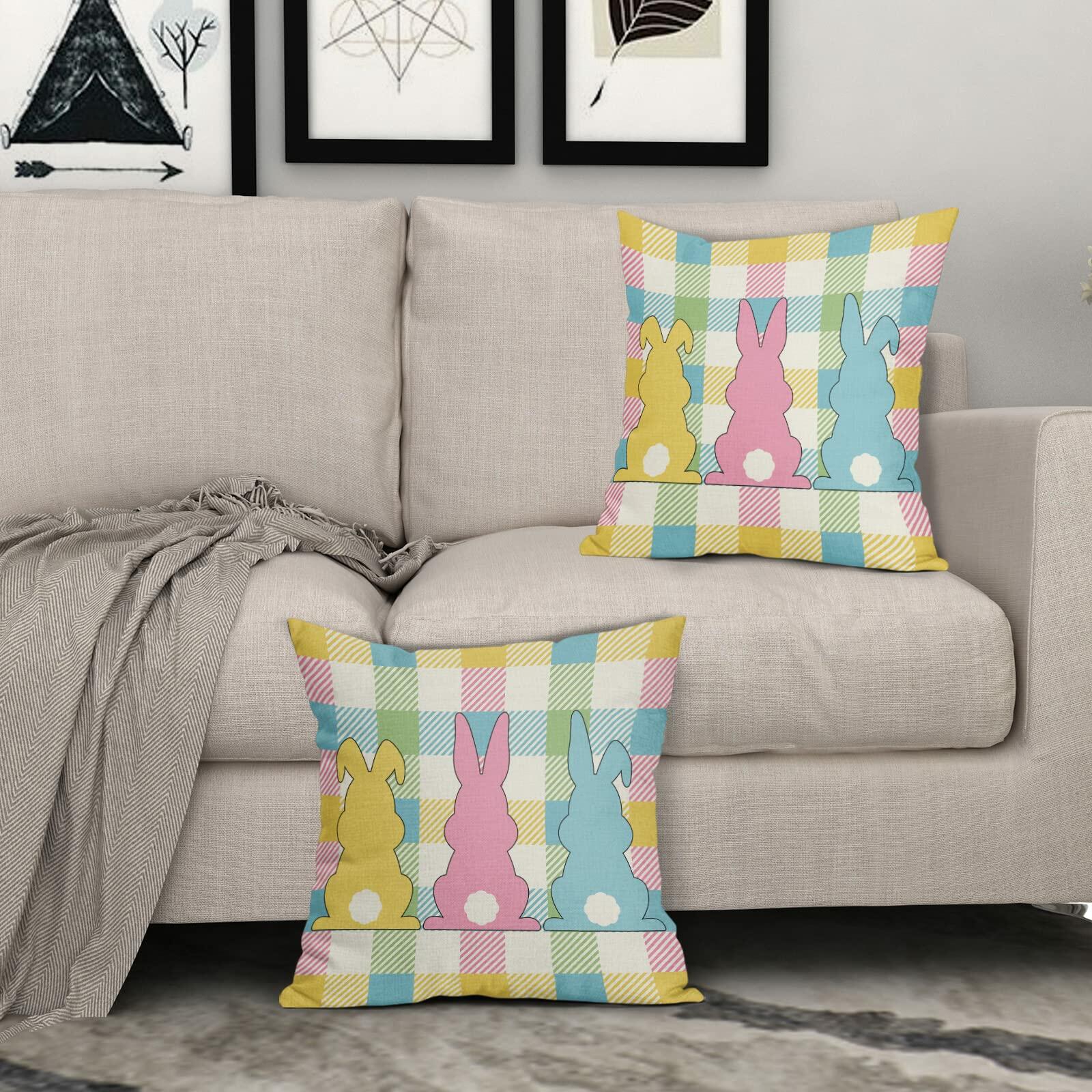 Easter Pillow Covers Set of 2 18x18 Inch Bunny Buffalo Plaid Colorful