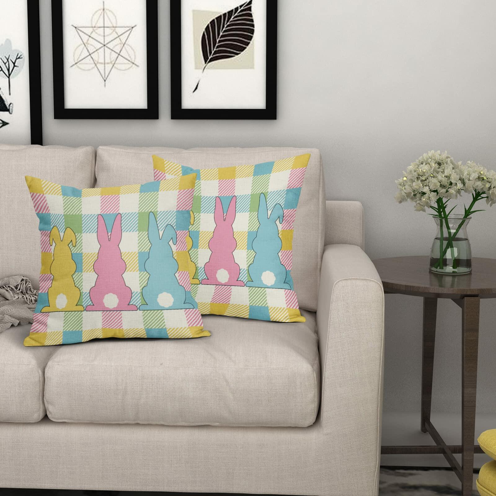 Easter Pillow Covers Set of 2 18x18 Inch Bunny Buffalo Plaid Colorful