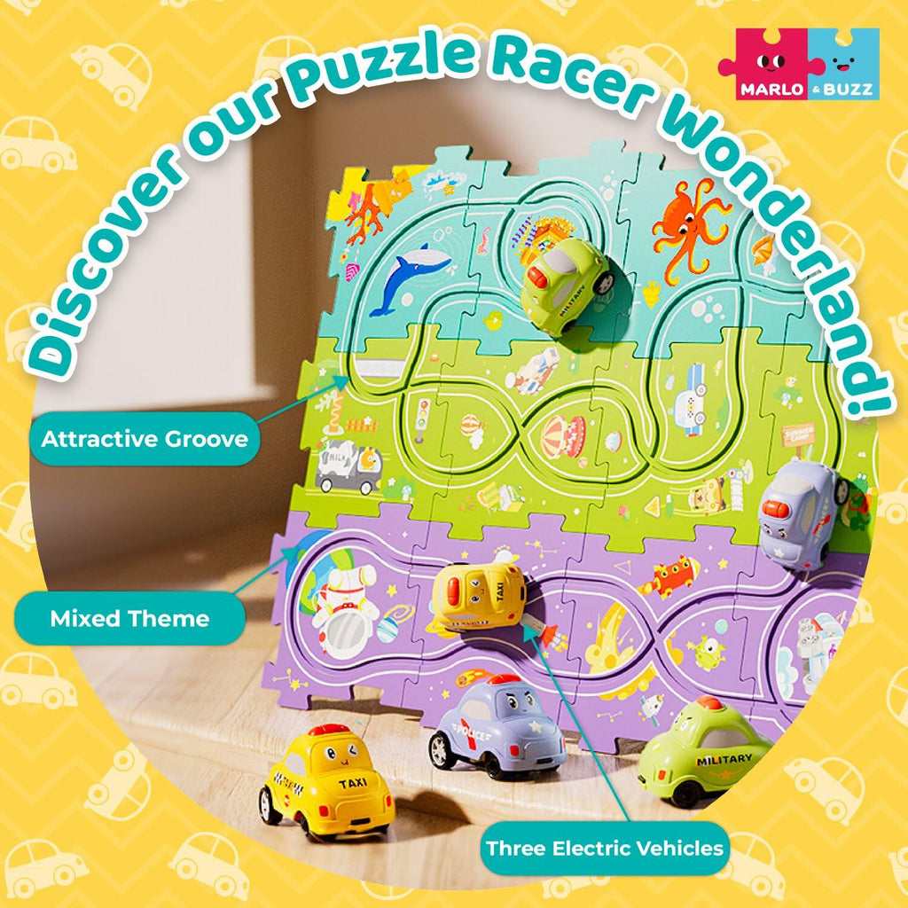 Marlo & Buzz Puzzle Racer Kids Car Track Play Set 12-Piece Multi-Theme