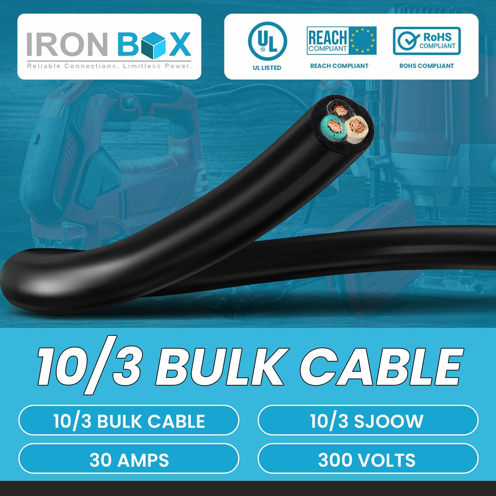 10/3 Bulk Cable 50ft SJOOW Jacket 30A 3 Wire 300V Water Oil Resistant