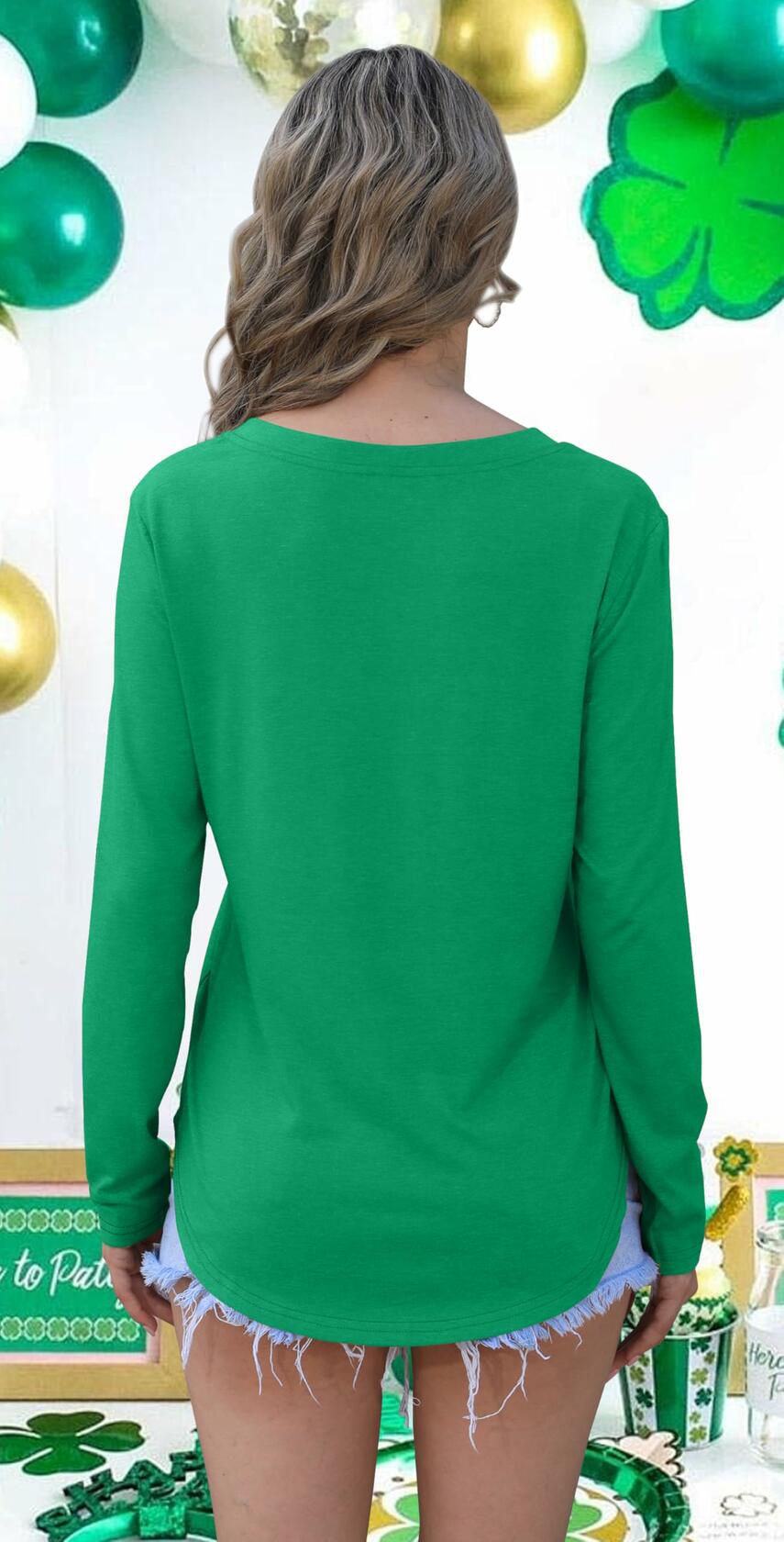 St Patricks Day Womens Long Sleeve V Neck Shirt Green Size XXL
