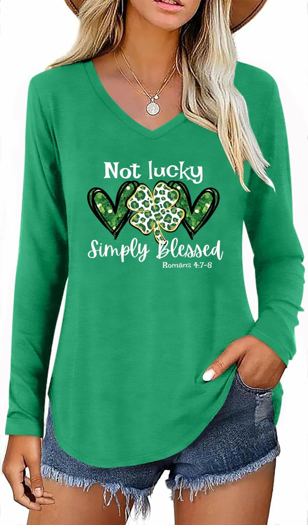 St Patricks Day Womens Long Sleeve V Neck Shirt Green Size XXL