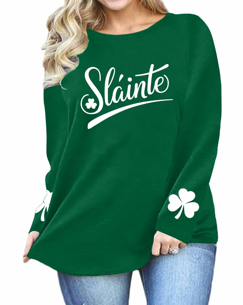 QAUN Plus Size St Patricks Day Shamrock Graphic Long Sleeve Shirt Green XL