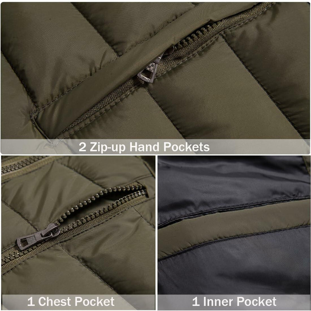Men's Winter Puffer Quilted Vest Multi Pockets Sleeveless Army Green Size S