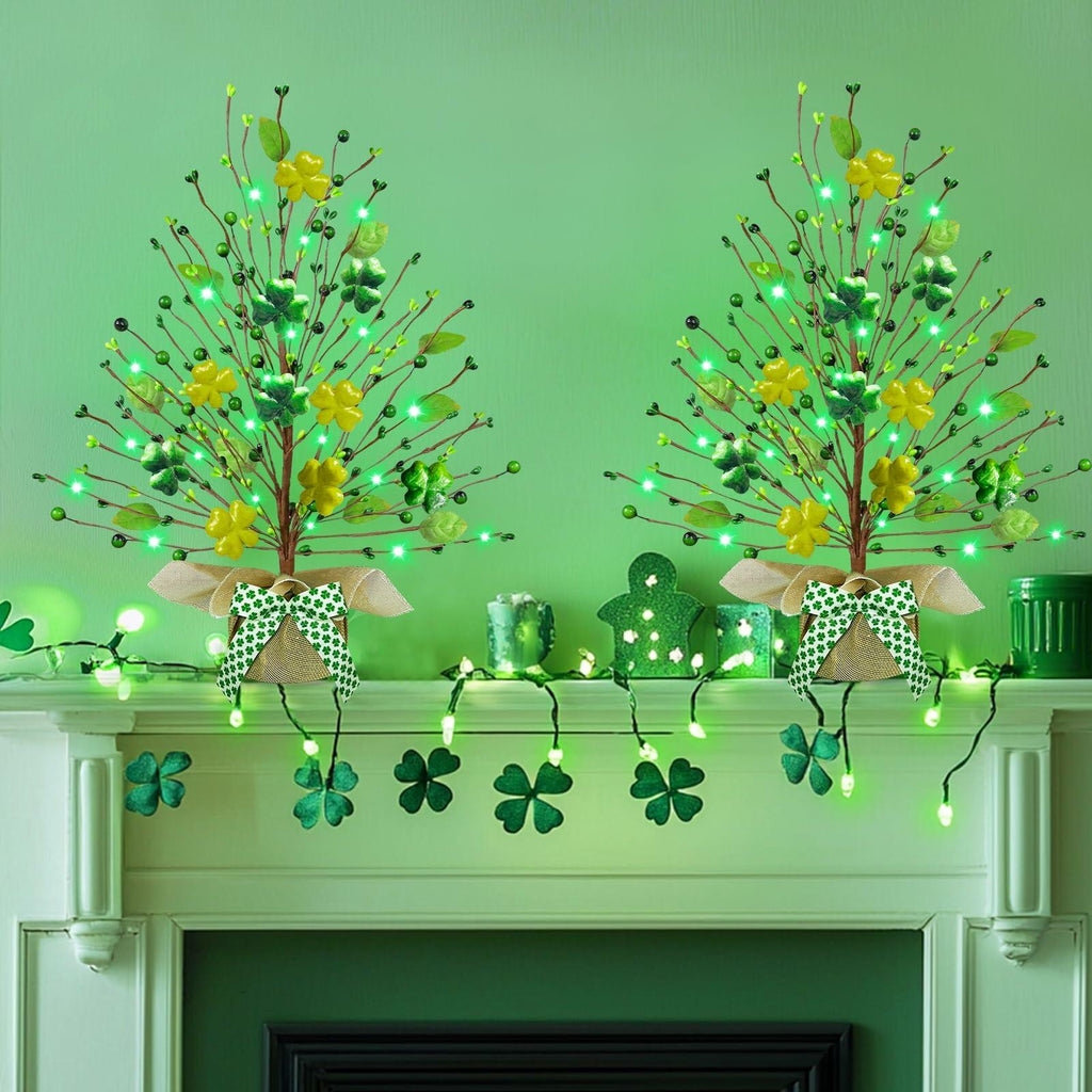 2 Pack Lighted St Patricks Day Shamrock Trees 21 Inch Battery Operated