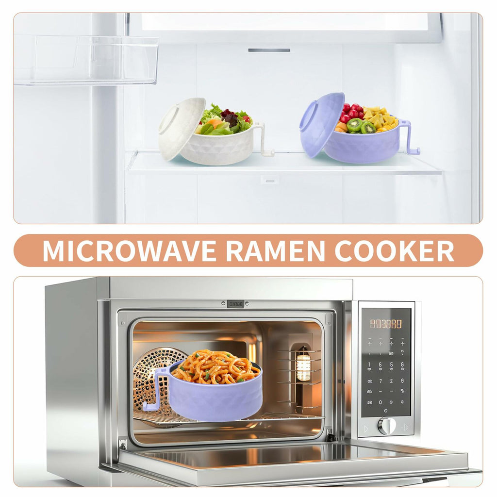 Microwave Ramen Bowl Set of 2 w/ Strainer Lid Chopsticks Phone Holder Purple