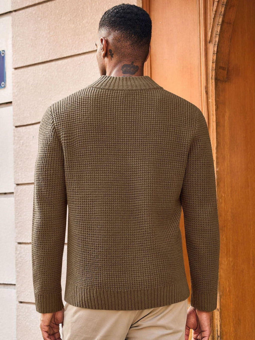 Mens Waffle Knit Pullover Sweater Quarter Button Stand Collar Brown Size XL