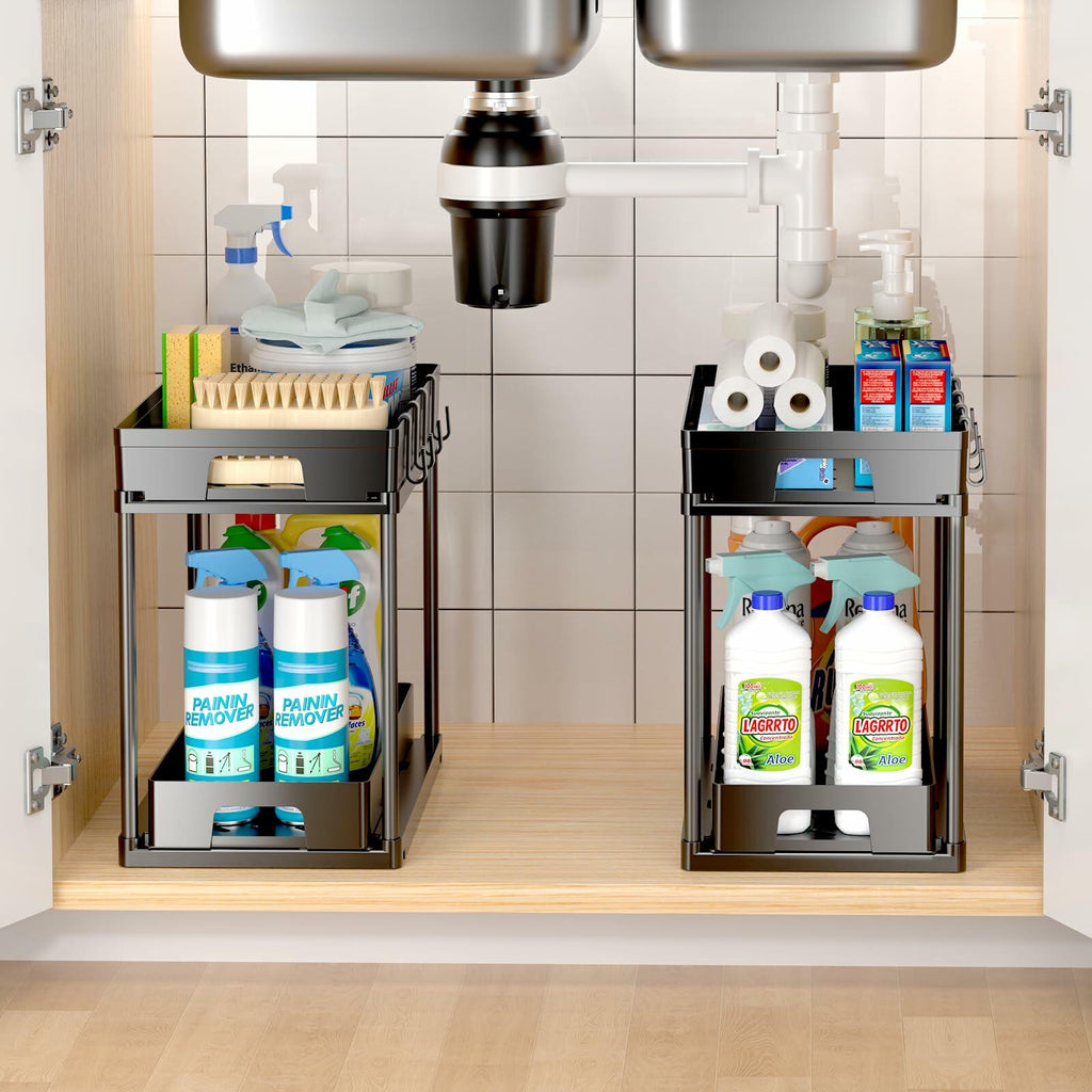 TidyLamu 2 Pack Double Sliding Under Sink Organizers 2 Tier Black