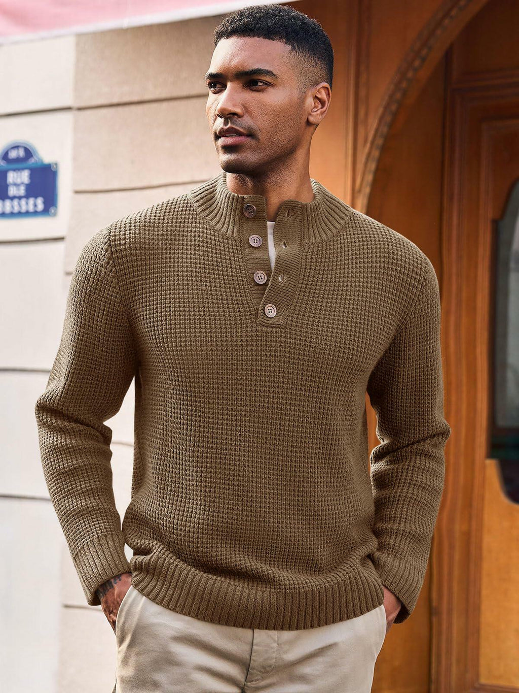 Mens Waffle Knit Pullover Sweater Quarter Button Stand Collar Brown Size XL