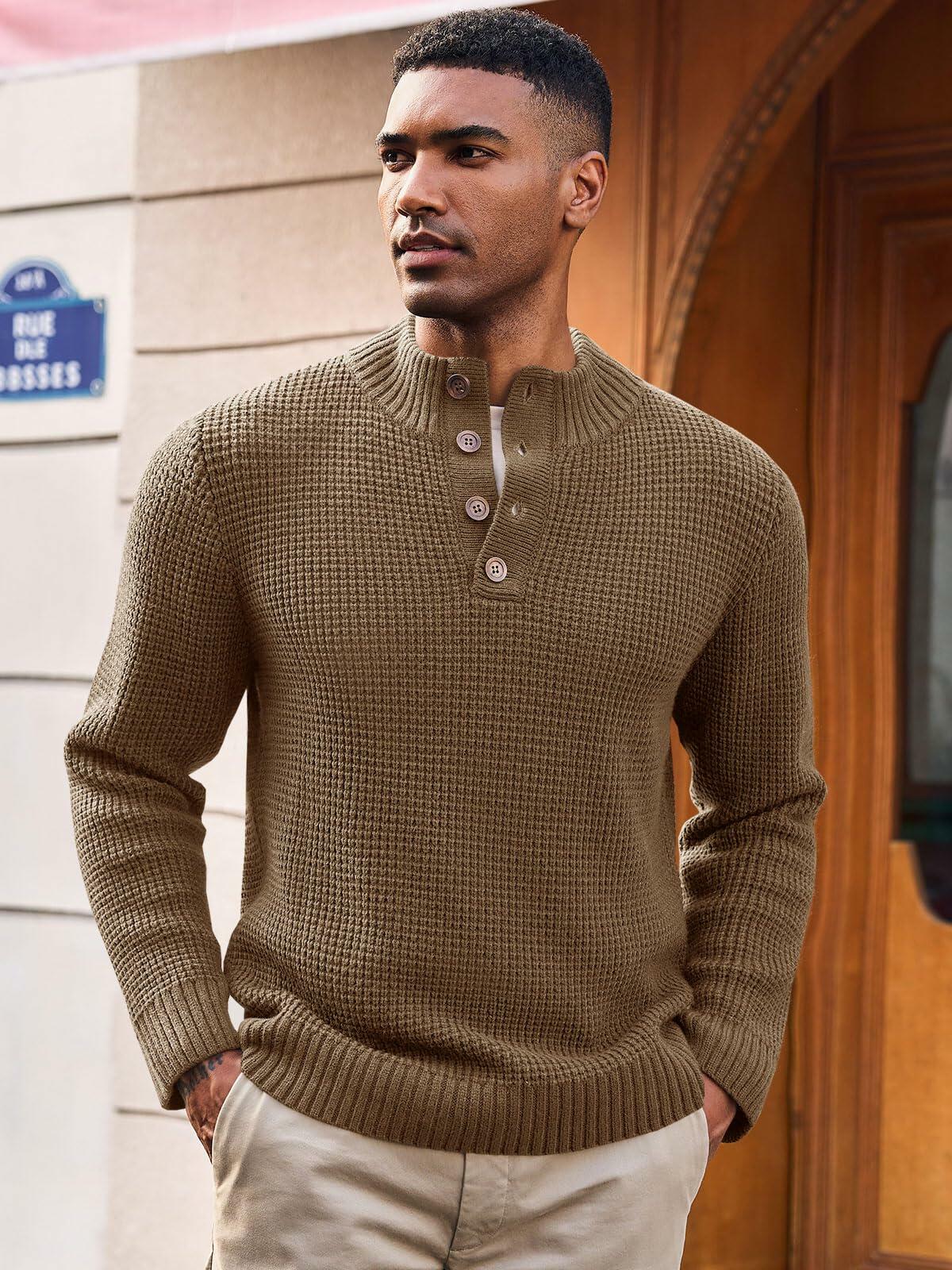 Mens Waffle Knit Pullover Sweater Quarter Button Stand Collar Brown Size XL