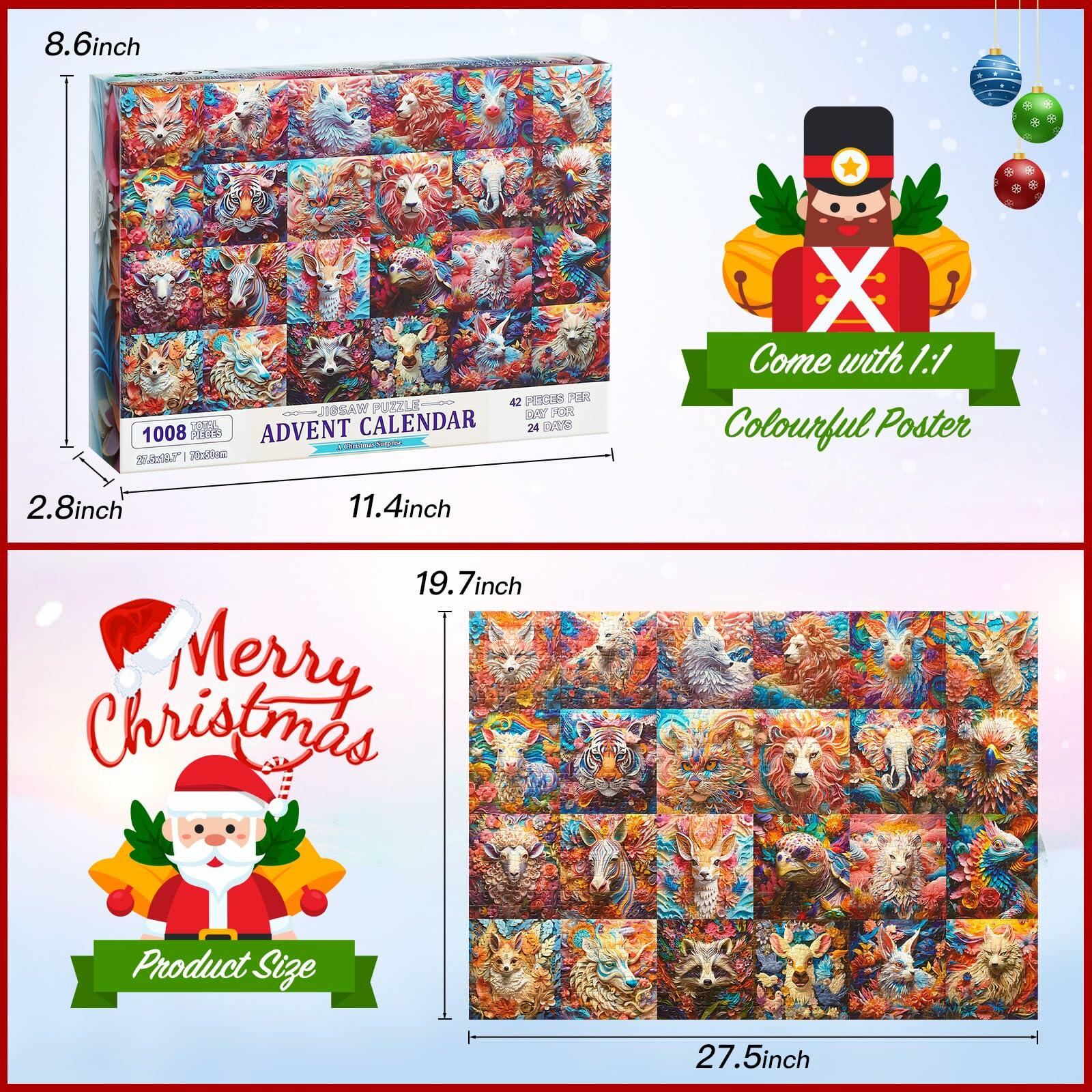 Advent Calendar Puzzle 2024 3D Animal Jigsaw 1008 Pieces Christmas Countdown