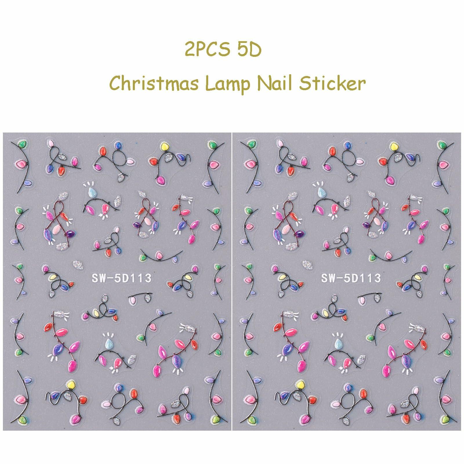 2pcs Christmas Colour Lamp Nail Stickers 5D Embossed Self-Adhesive Decals