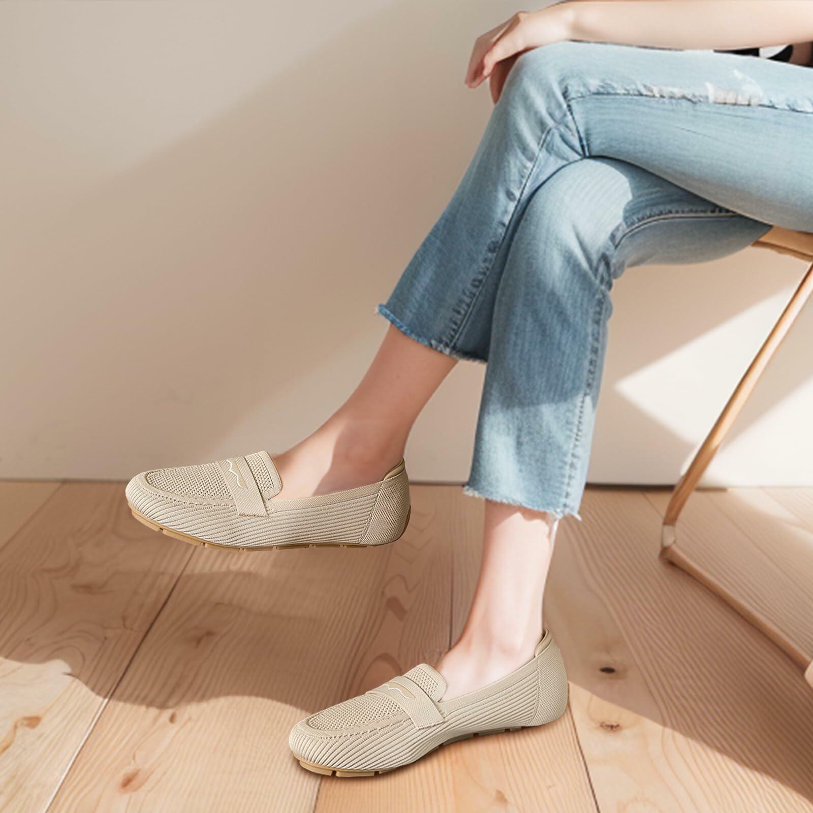 Lrtyu Womens Knit Driving Loafers Comfortable Slip On Casual Beige Size 6