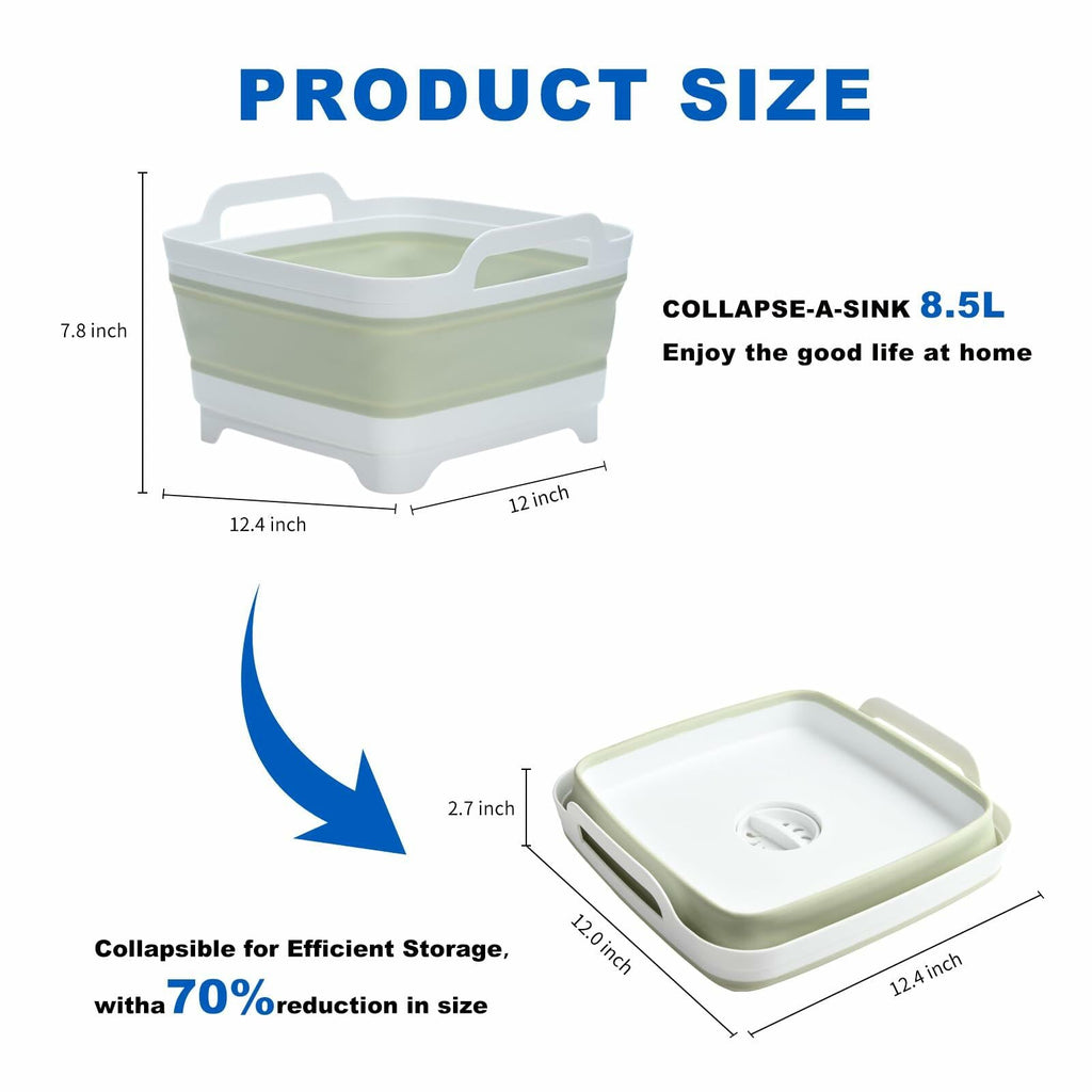 Foldable Wash Basin 2.4 Gal 9L with Drain Plug Green Space-Saving Kitchen Sink