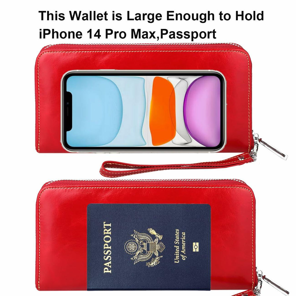 Lavemi Women's RFID Blocking 100% Leather Large Capacity Zip Wallet Red