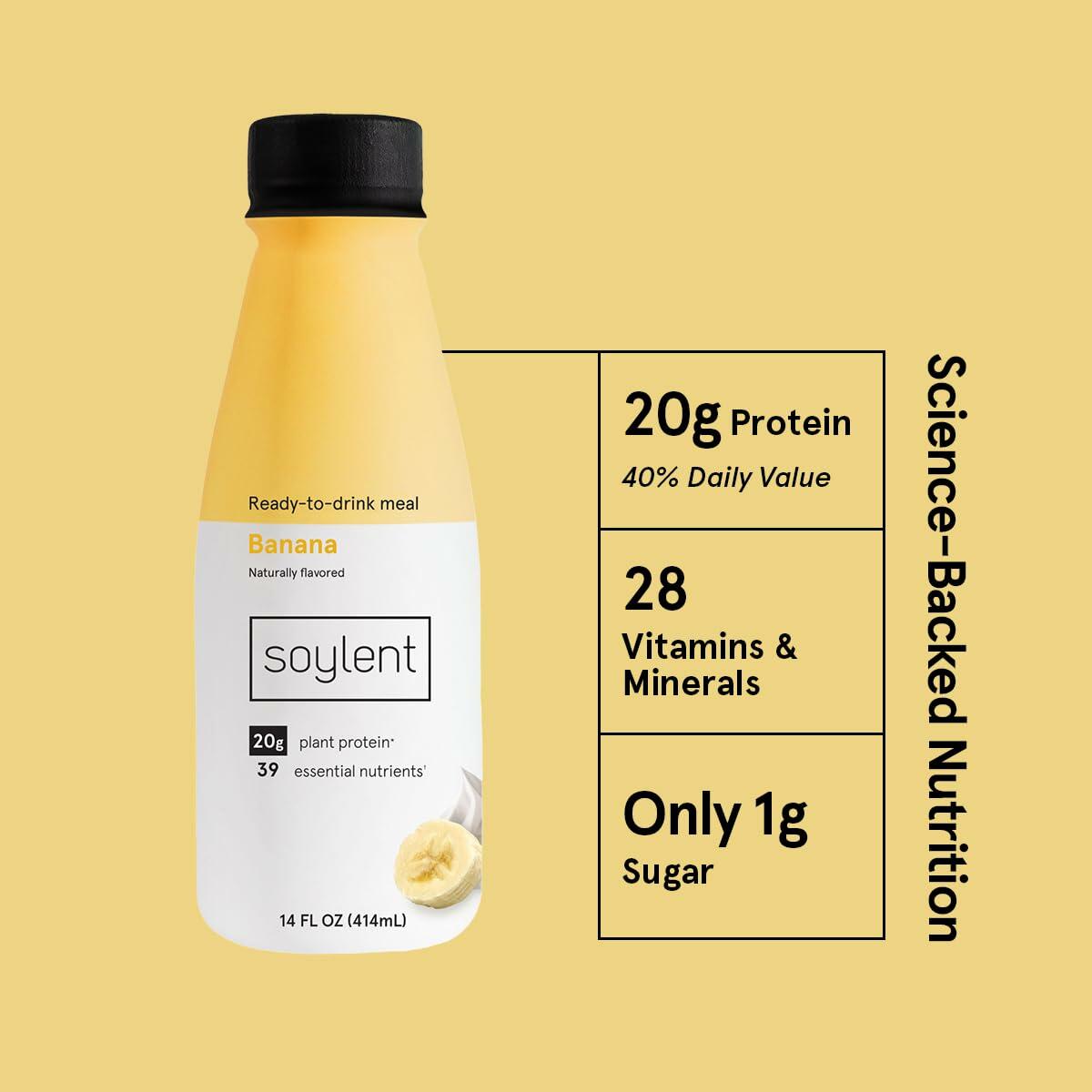 BestBy06/25 Soylent Banana Meal Replacement Shake 14oz 12 Pack Plant Protein