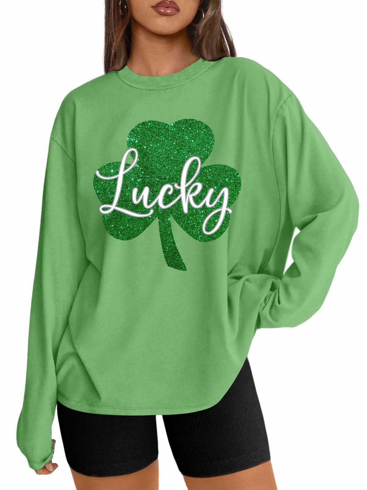 St Patrick's Day Oversized Lucky Shamrock Long Sleeve Tee Size M