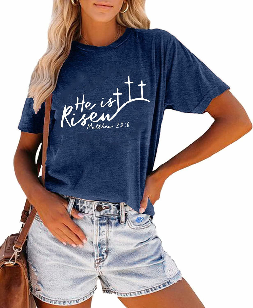 He is Risen Women's Easter Christian T-Shirt Navy Blue Size M