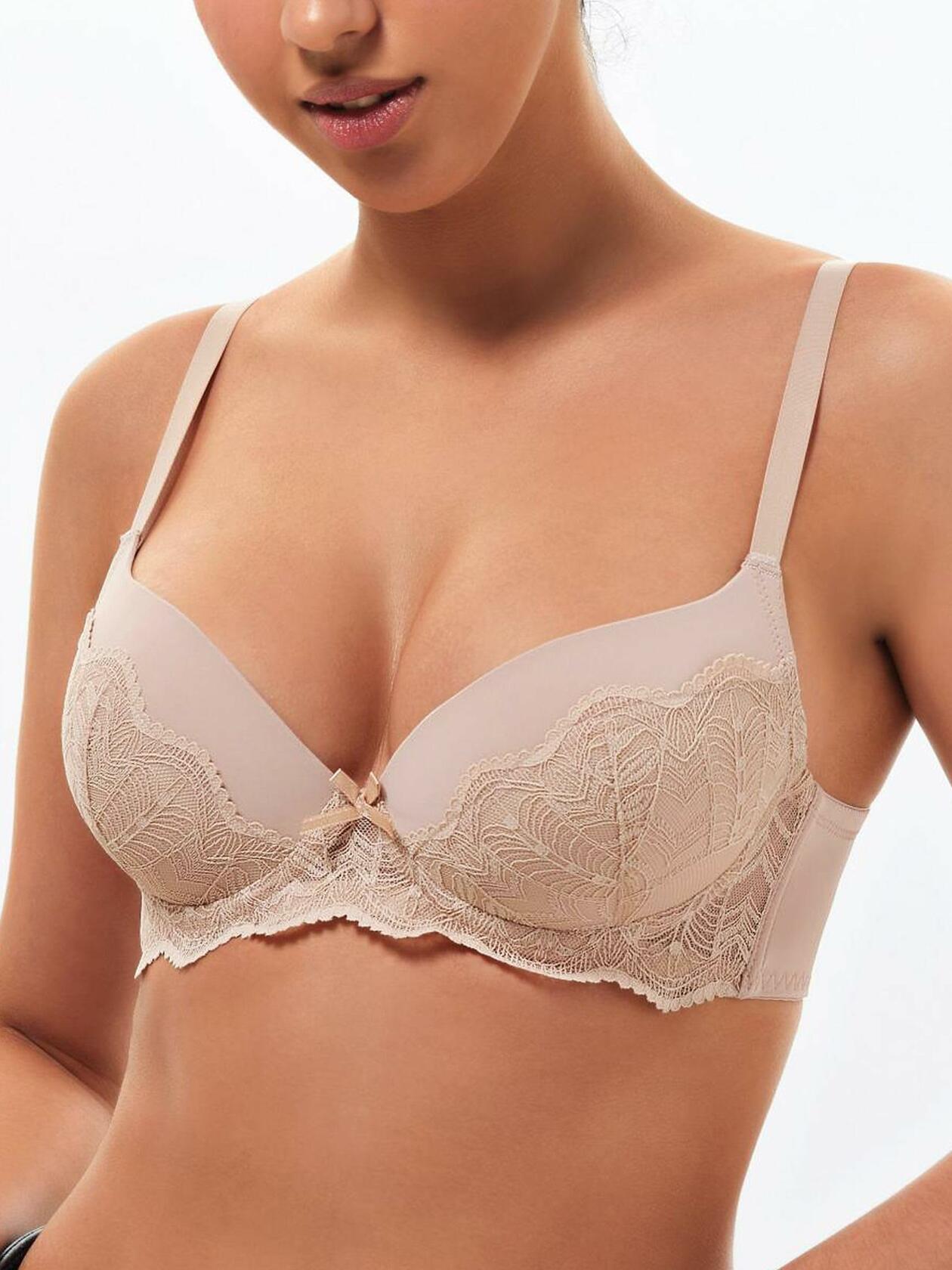 IHOIU Women's Lace Push Up Bra Padded Underwire Plunge Nude Size 40B