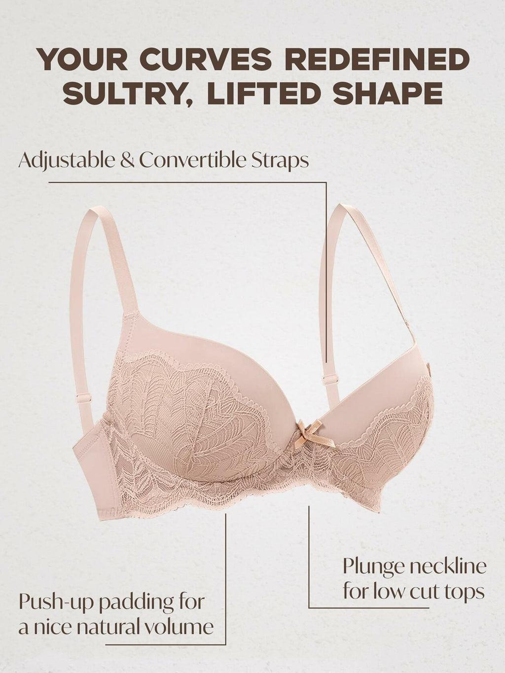 IHOIU Women's Lace Push Up Bra Padded Underwire Plunge Nude Size 40B