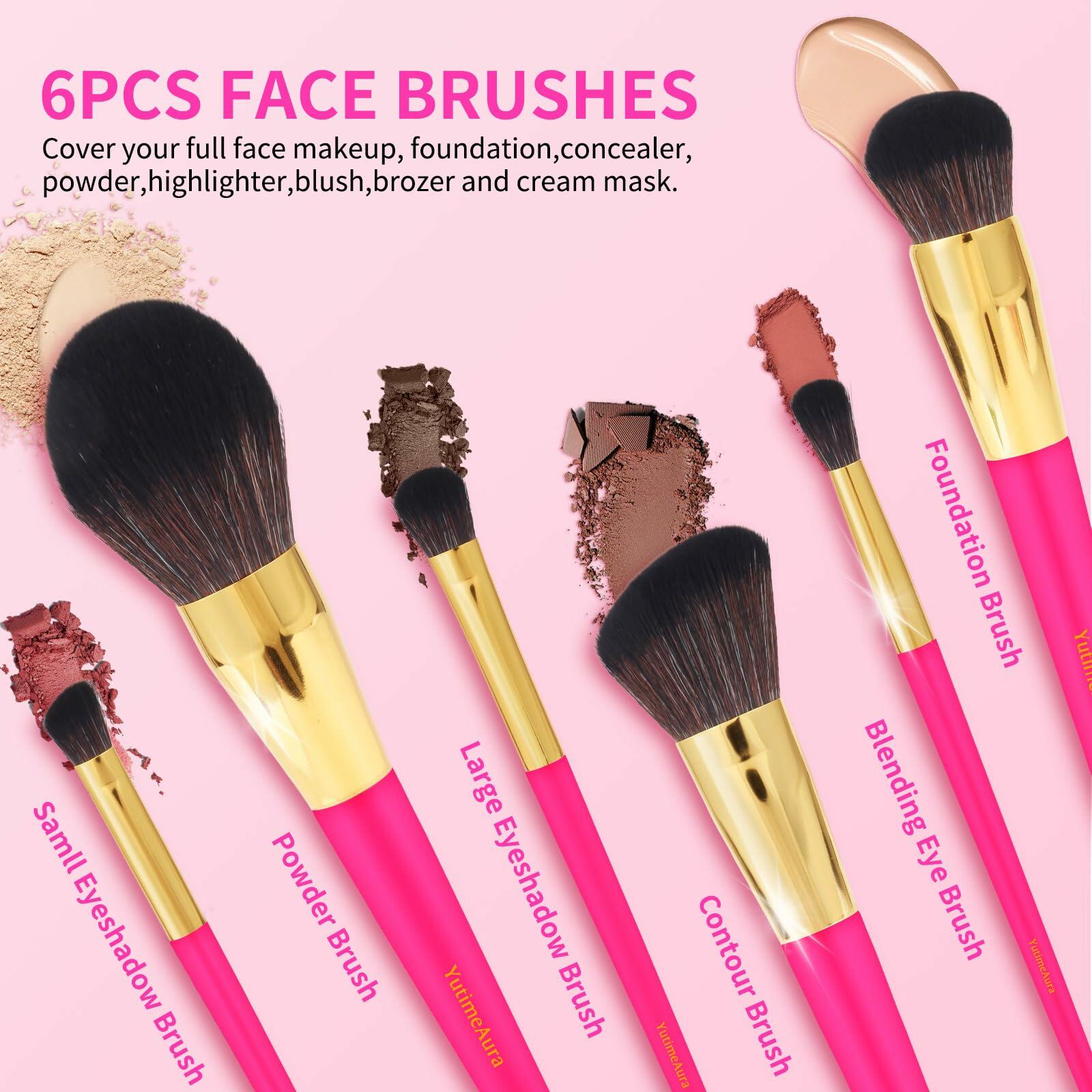 YutimeAura Makeup Brushes Set with Sponges Puff Pink Foundation Powder Contour