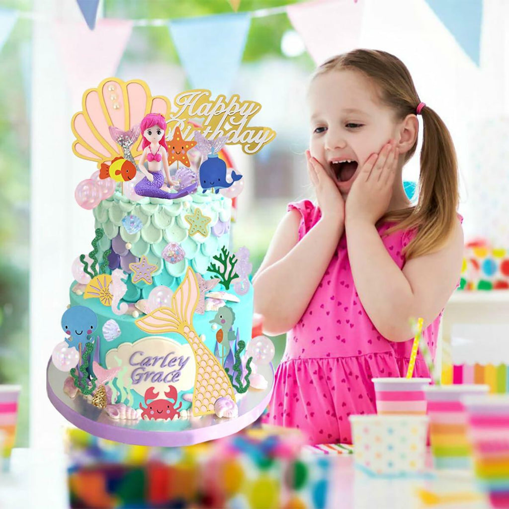 LXASIY 40pcs Mermaid Cake Toppers Glitter Ocean Theme Birthday Party Decor