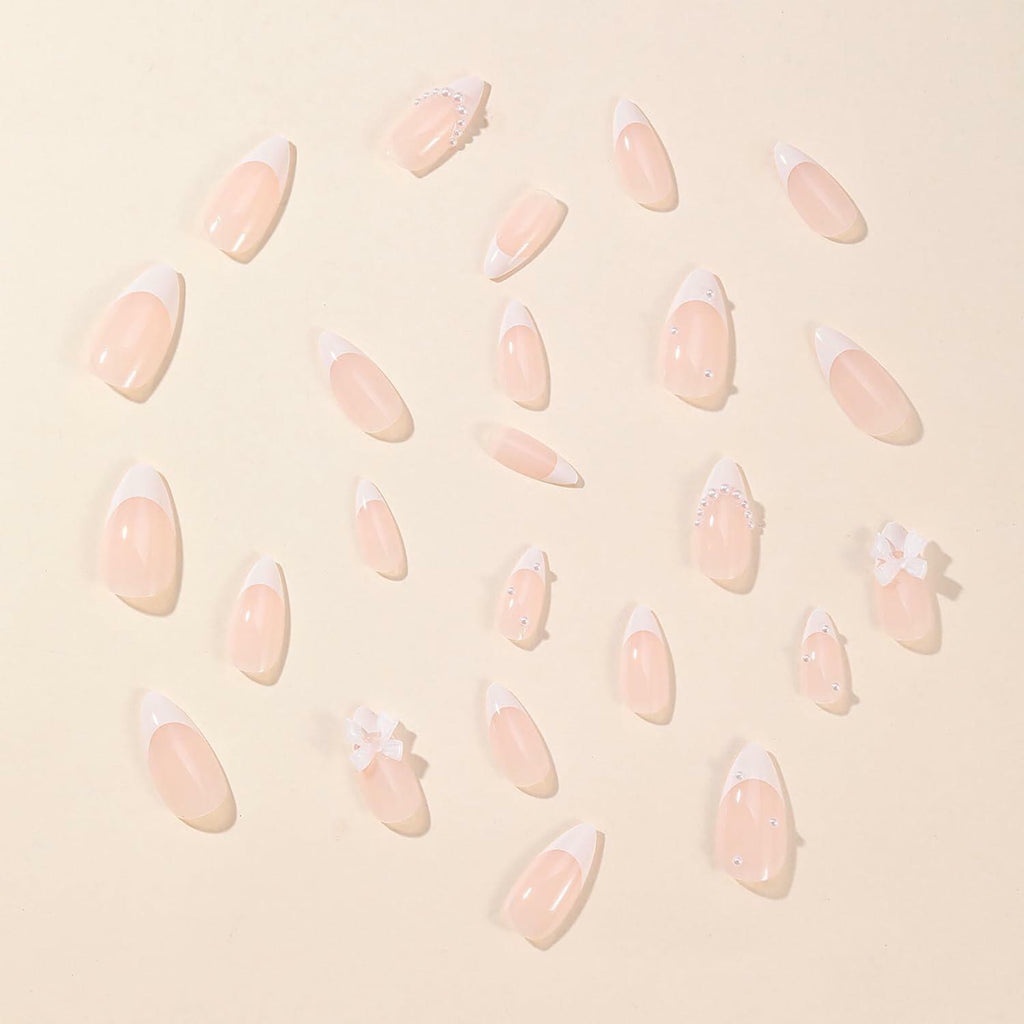 RIICFDD 24Pcs Medium Almond French Tip White Fake Nails 3D Bow Pearl Charms