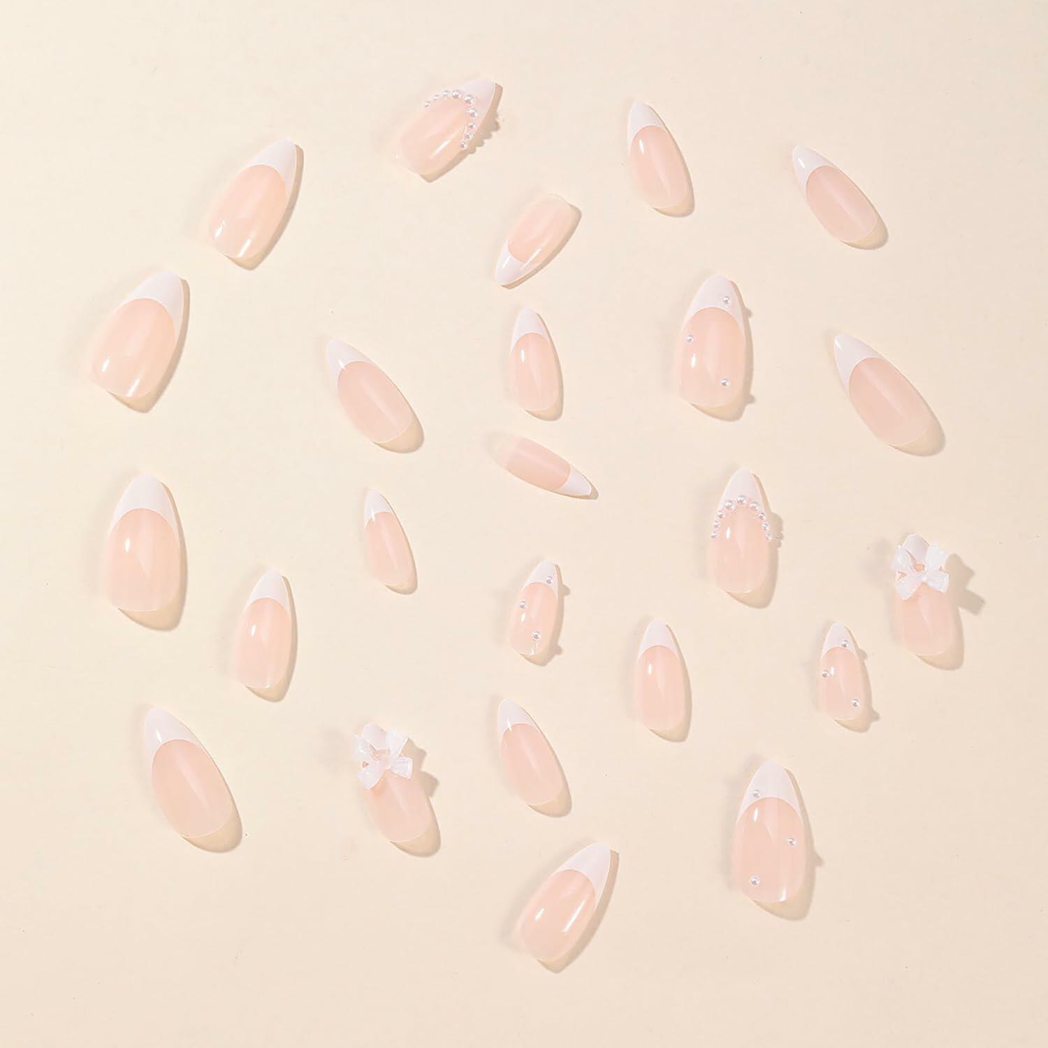 RIICFDD 24Pcs Medium Almond French Tip White Fake Nails 3D Bow Pearl Charms