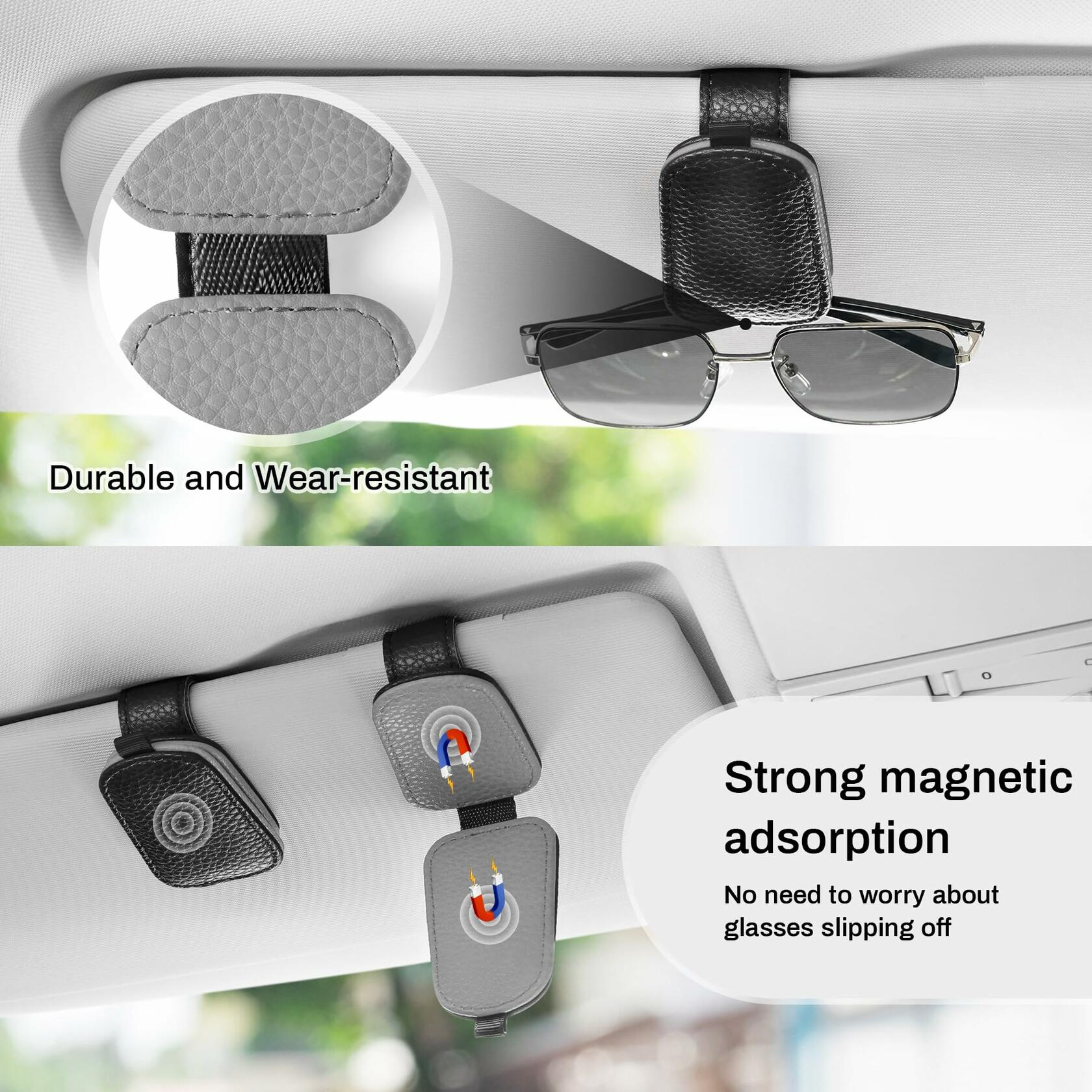 SINGARO Leather Magnetic Sunglasses Holder Clip Car Sun Visor Black-Gray