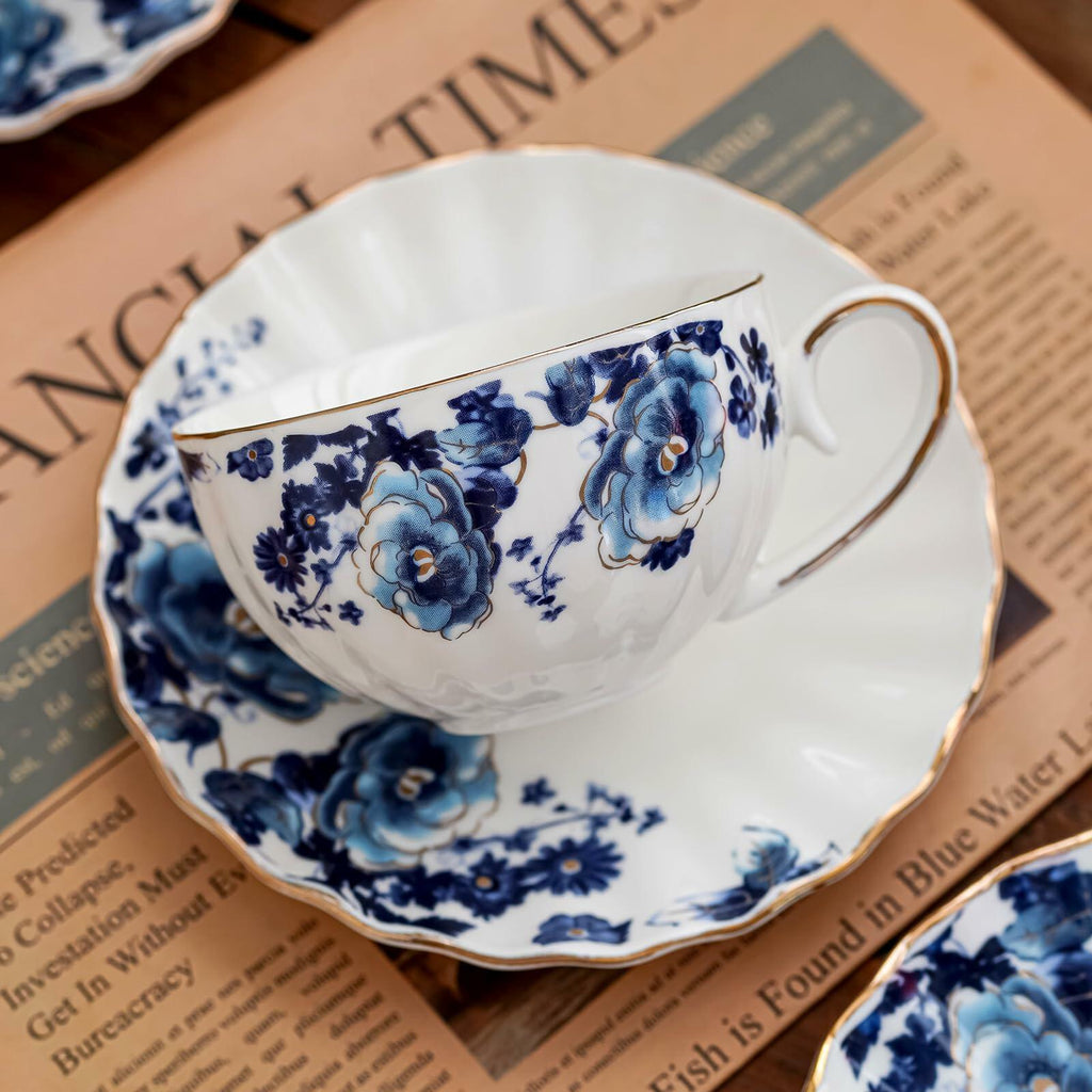 Agyiuns Porcelain Bone China Tea Cups 6.4oz Floral Gold Trim White Blue Set