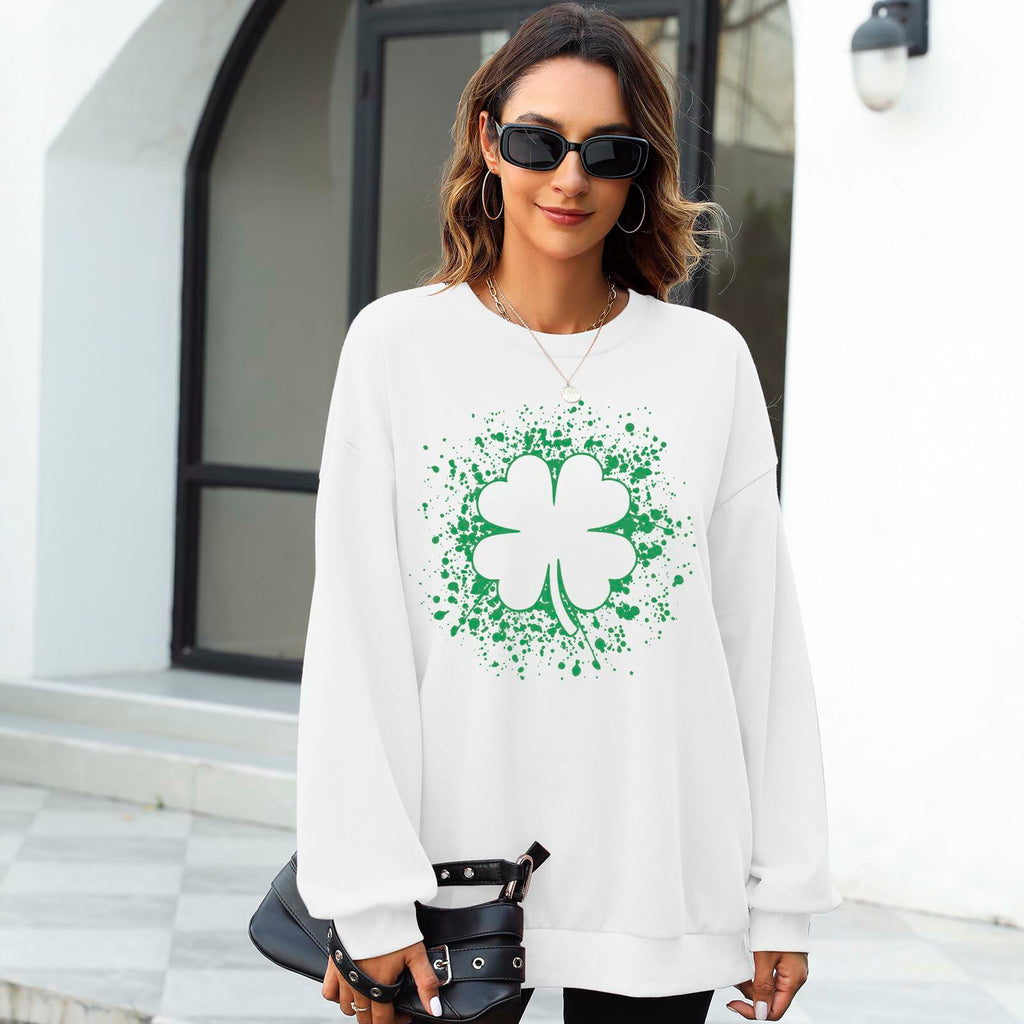 Women St Patricks Shamrock Lucky Clover Sweatshirt Pullover White Size XL