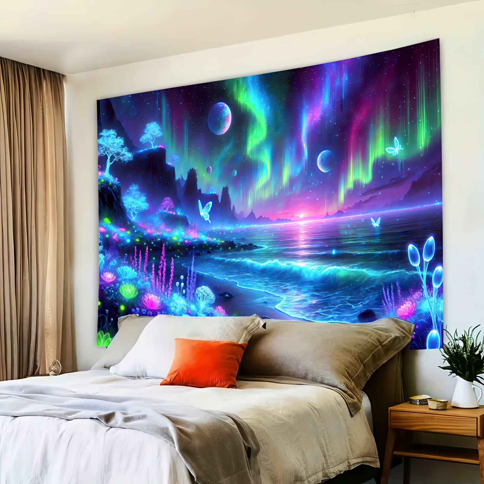 BlissYard Blacklight Fantasy Forest UV Reactive Tapestry 51x78 Inch