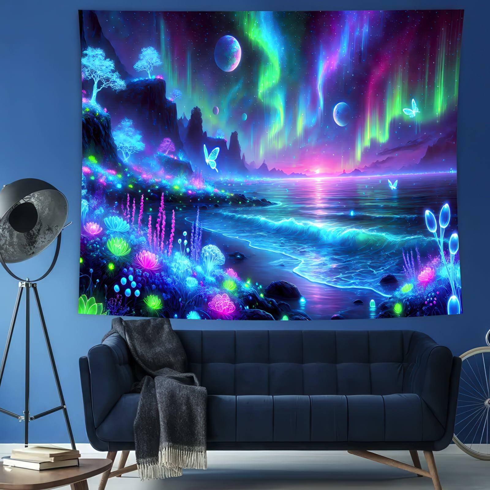 BlissYard Blacklight Fantasy Forest UV Reactive Tapestry 51x78 Inch
