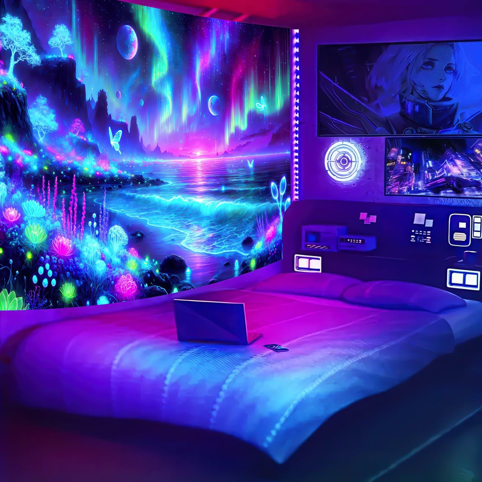 BlissYard Blacklight Fantasy Forest UV Reactive Tapestry 51x78 Inch