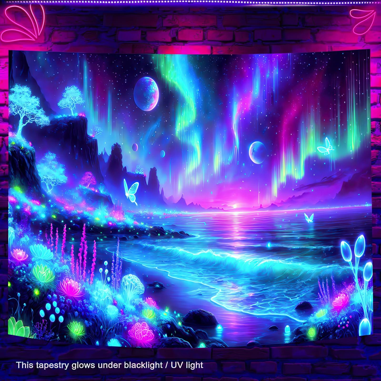 BlissYard Blacklight Fantasy Forest UV Reactive Tapestry 51x78 Inch