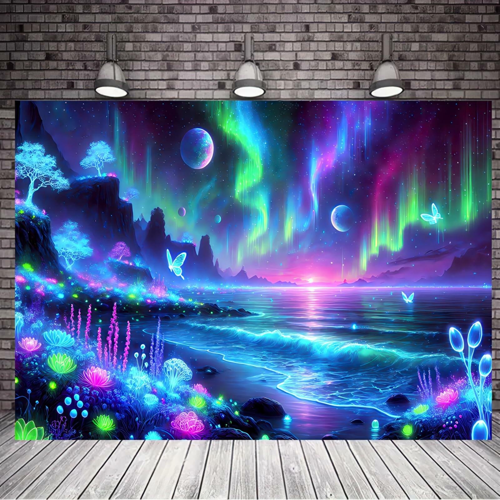 BlissYard Blacklight Fantasy Forest UV Reactive Tapestry 51x78 Inch
