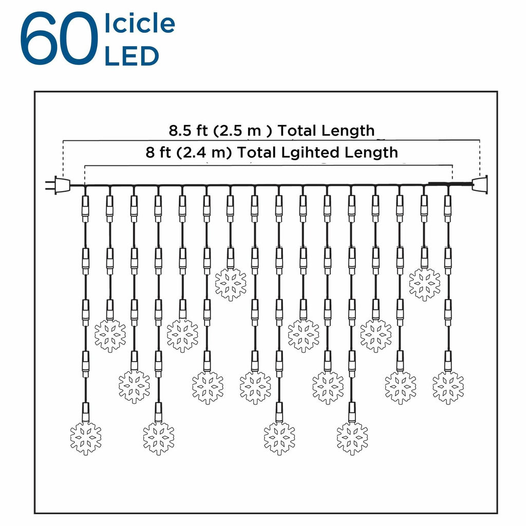Brite Star Snowflake Icicle Light Set 60 Lights Pure White LED Christmas
