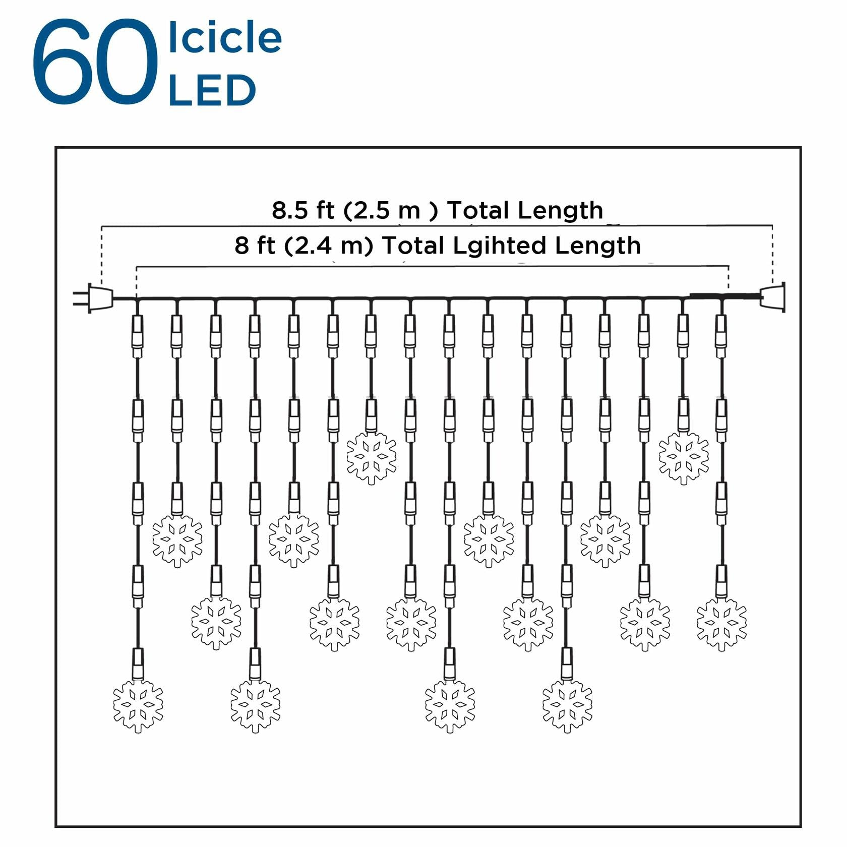 Brite Star Snowflake Icicle Light Set 60 Lights Pure White LED Christmas