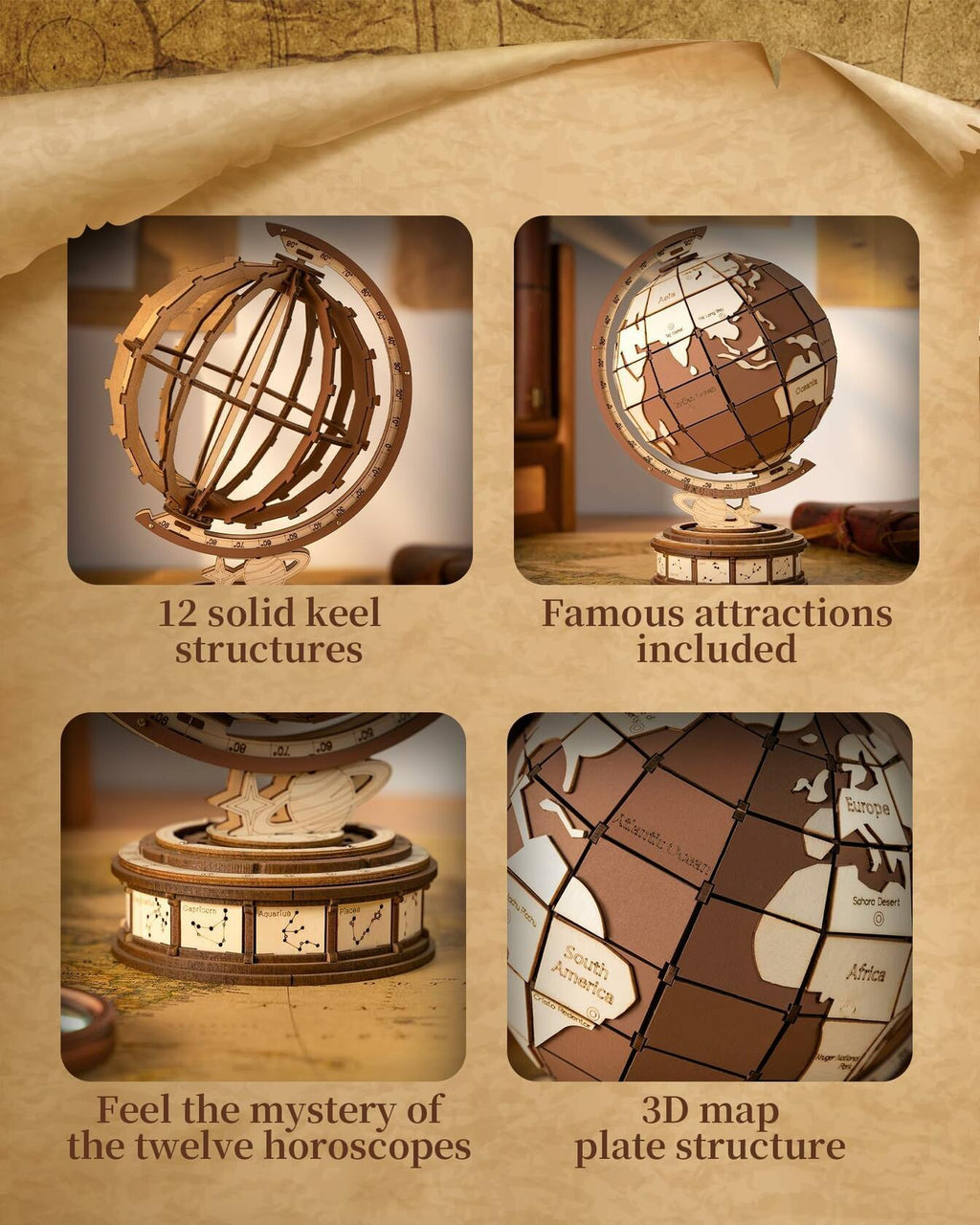 Rolife 3D Wooden Globe Puzzle Model Kit 277 Pcs Vintage Wood Building Set
