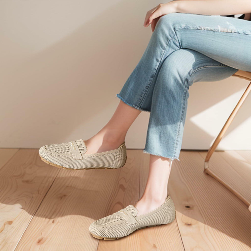 Lrtyu Women’s Knit Loafers US 8 Beige Slip-On Casual Work Driving Shoes