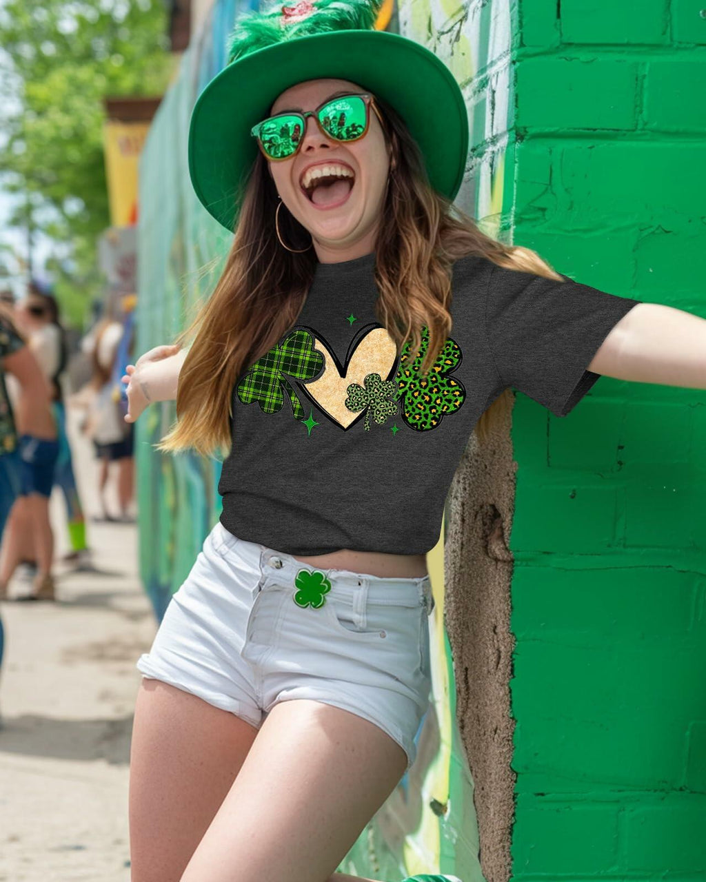 JMHACHY St. Patrick's T-Shirt Women Shamrock Heart Leopard Grey Size M